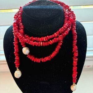 Lucas Lameth LUC Elegant Red Beaded lariat with Pearls
